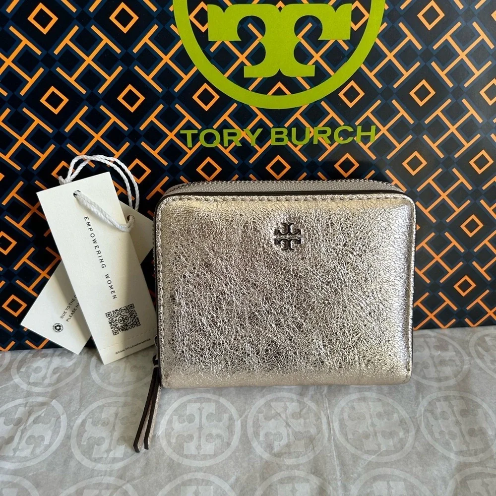Tory Burch Emerson Metallic Mini Wallet White Gold Silver - Picture 1 of 7